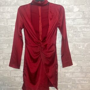 Fashion Nova Red Satin Plunge Dress – Size Small
